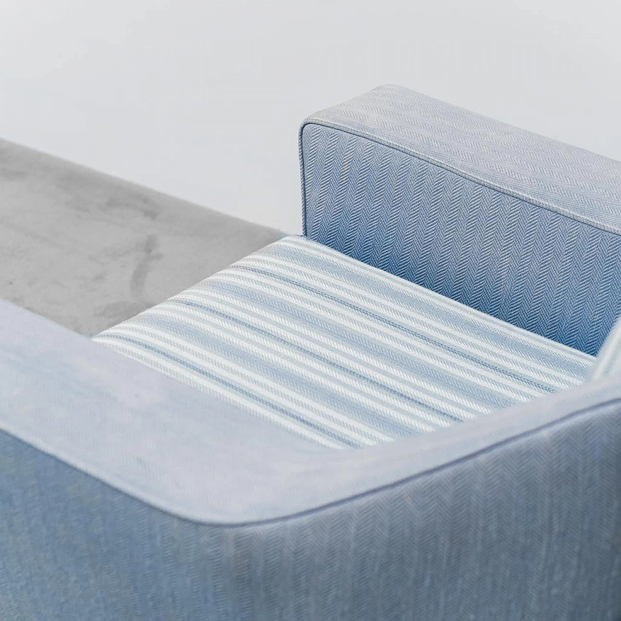 Wood and blue fabric armchair with striped seat, 1960s 5