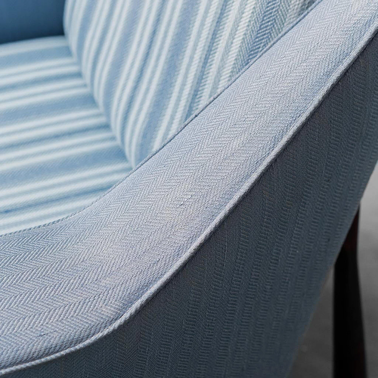 Wood and blue fabric armchair with striped seat, 1960s 7