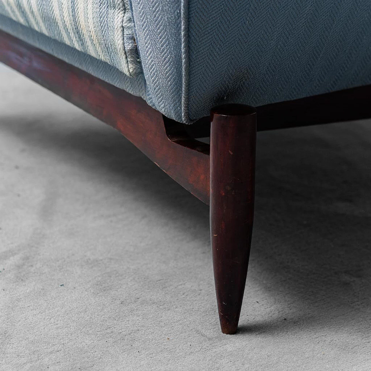 Wood and blue fabric armchair with striped seat, 1960s 8