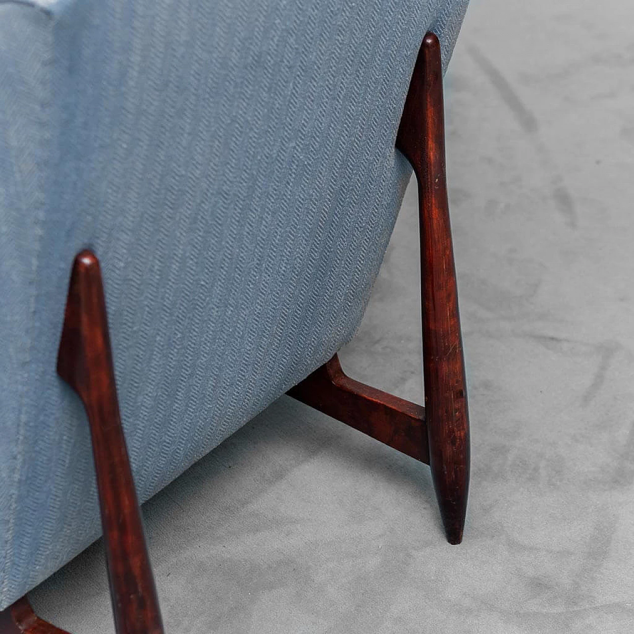 Wood and blue fabric armchair with striped seat, 1960s 9