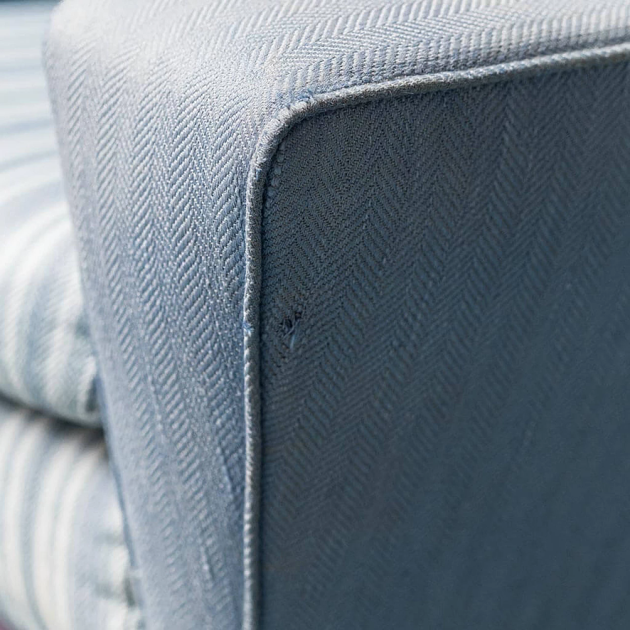 Wood and blue fabric armchair with striped seat, 1960s 10