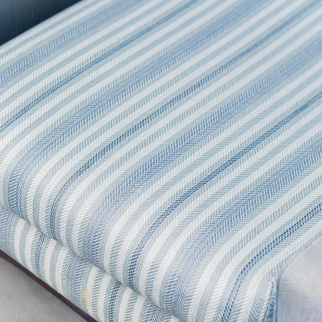 Wood and blue fabric armchair with striped seat, 1960s 11