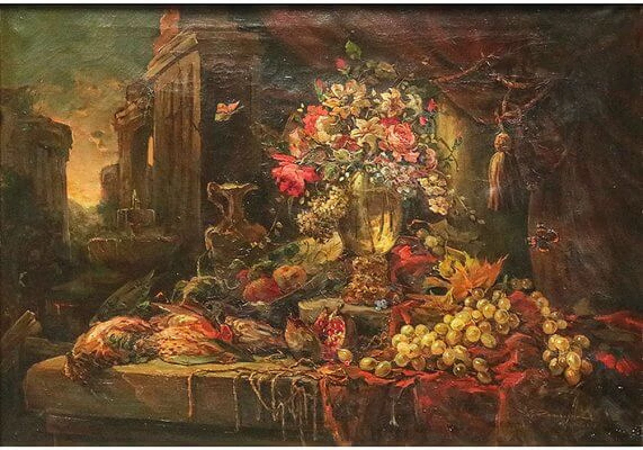 G. Zampogna, Natura morta di fiori e frutti, olio su tela, 1952 1