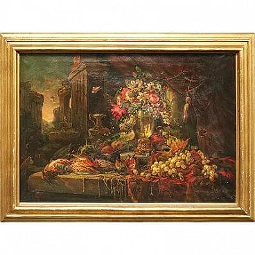 G. Zampogna, Natura morta di fiori e frutti, olio su tela, 1952