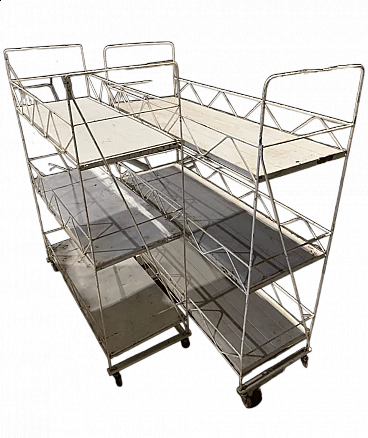 Pair of white metal carts with marble shelves, 1930s