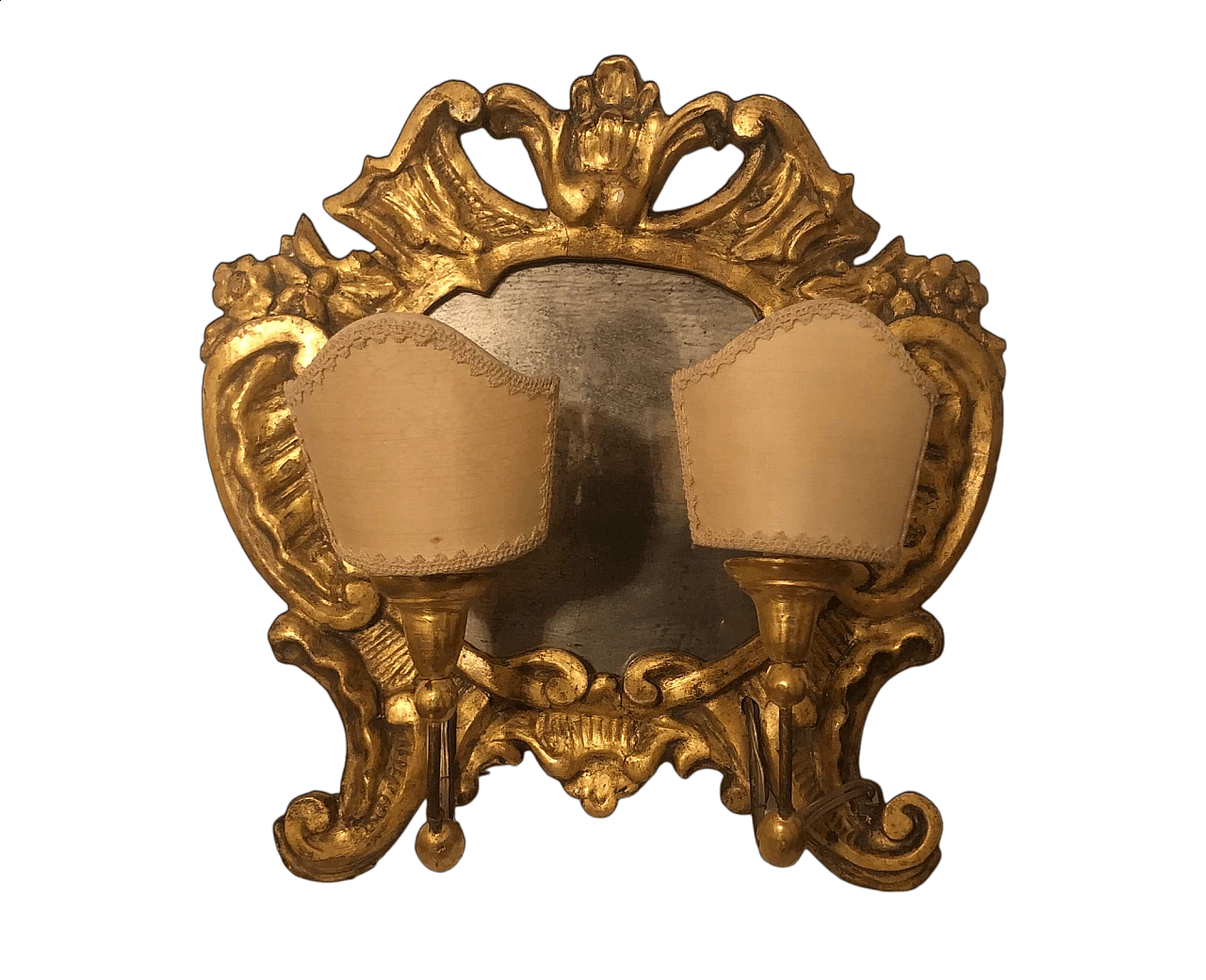 Cartagloria in legno dorato con specchio e coppia di luci, '800 8