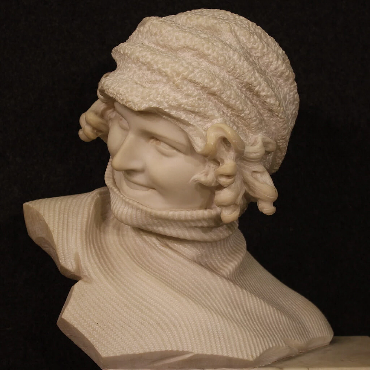 Marble sculpture of girl with hat and turtleneck 3