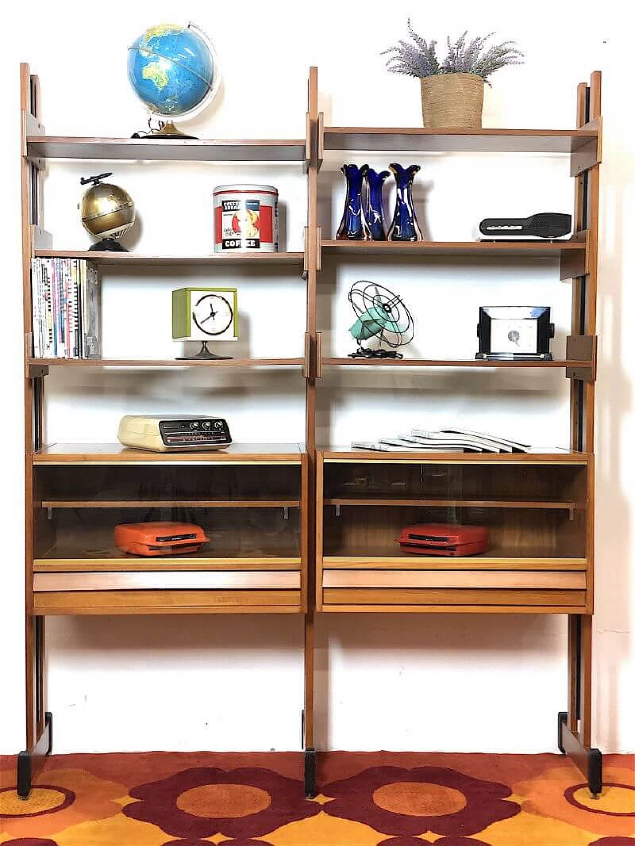 Two-bay teak bookcase with wooden and metal uprights, 1960s 2