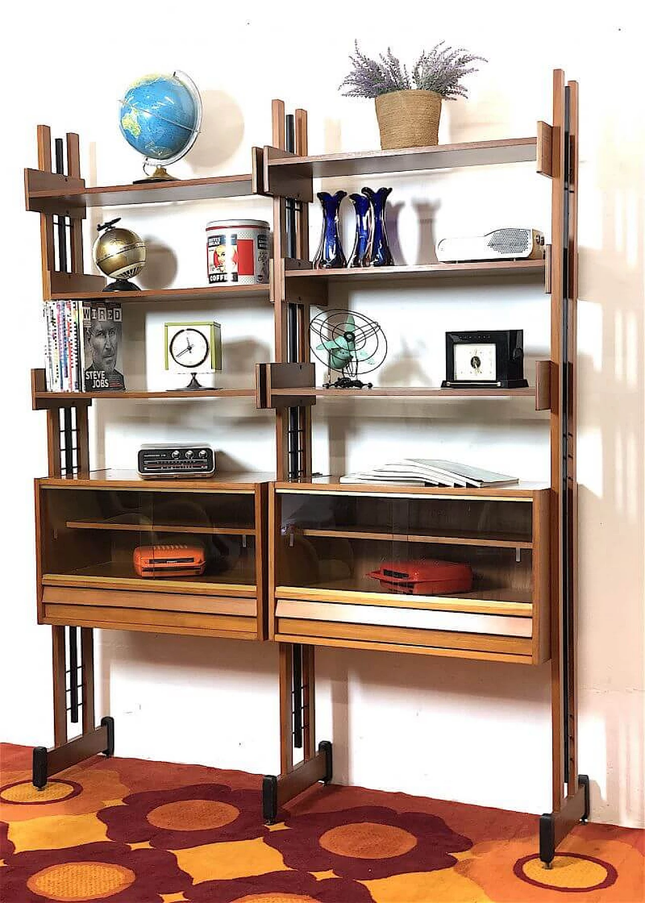 Two-bay teak bookcase with wooden and metal uprights, 1960s 3
