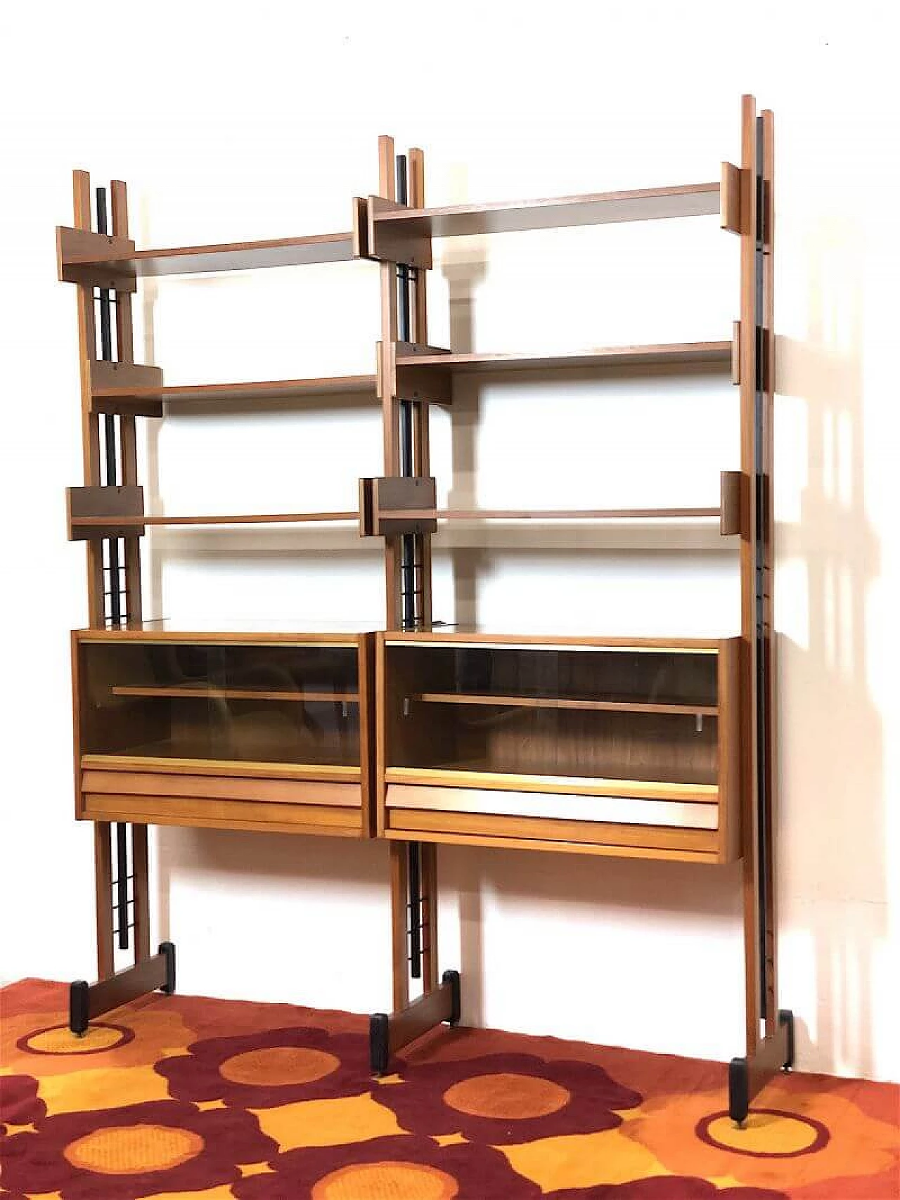 Two-bay teak bookcase with wooden and metal uprights, 1960s 6