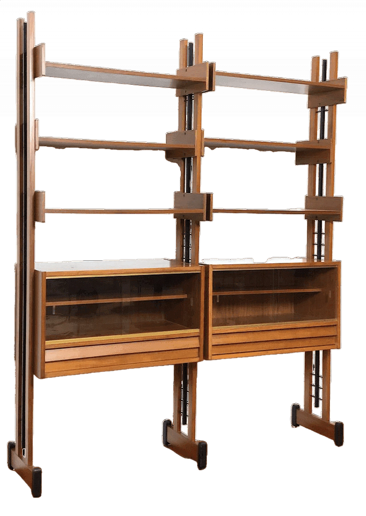 Two-bay teak bookcase with wooden and metal uprights, 1960s 17