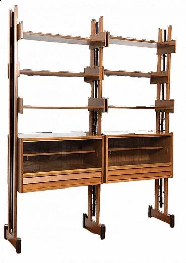 Two-bay teak bookcase with wooden and metal uprights, 1960s