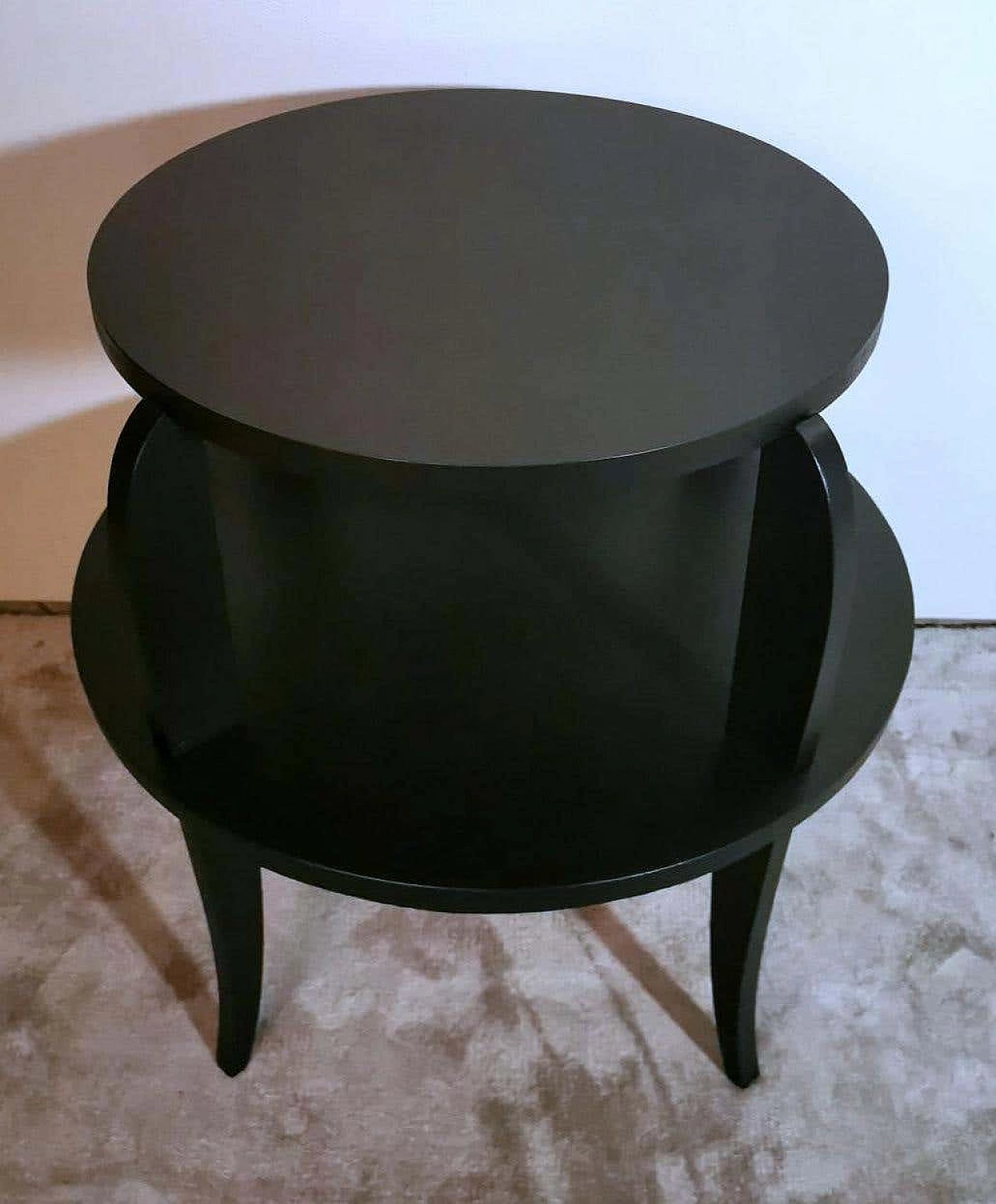 Art Deco round black-stained wooden coffee table with two tops, 1930s 4
