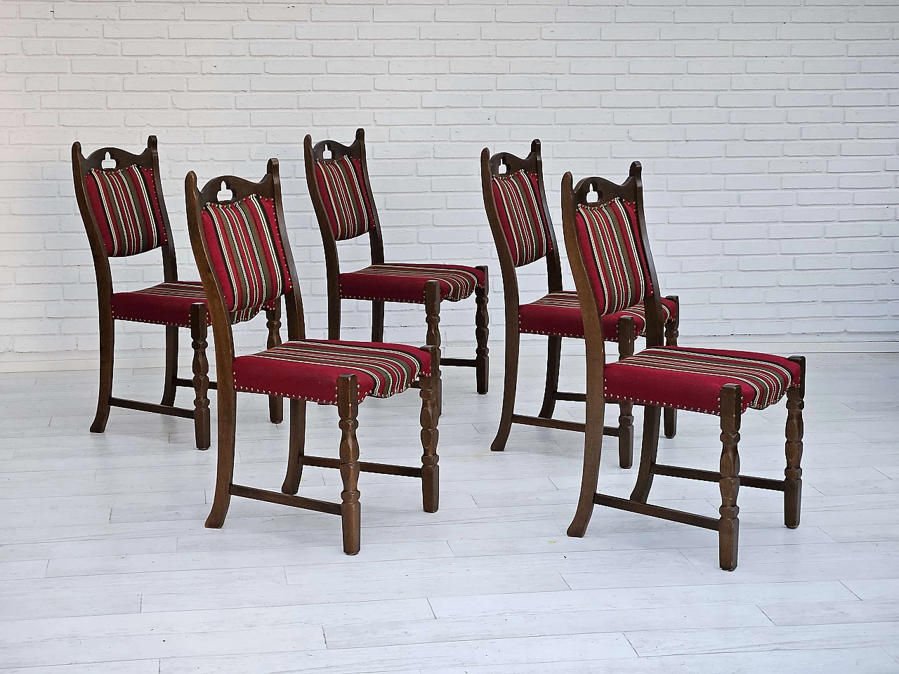 5 Danish oak and wool dining chairs, 1960s 1