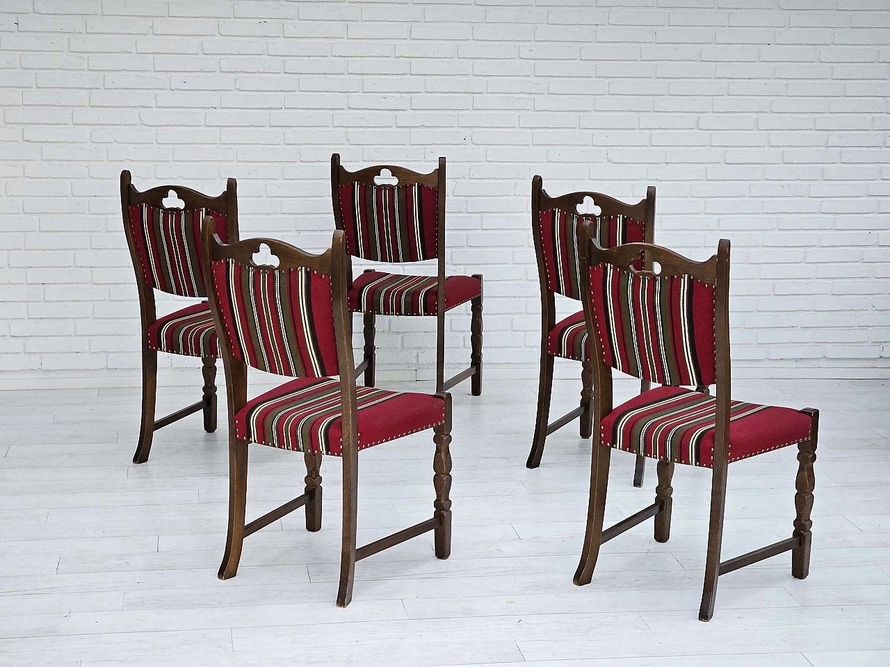 5 Danish oak and wool dining chairs, 1960s 4