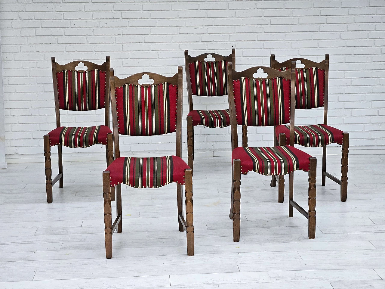 5 Danish oak and wool dining chairs, 1960s 6