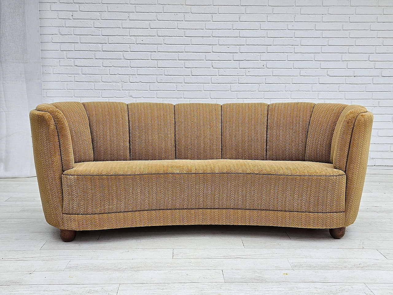 Danish Banana three-seater sofa in honey-coloured fabric, 1960s 1