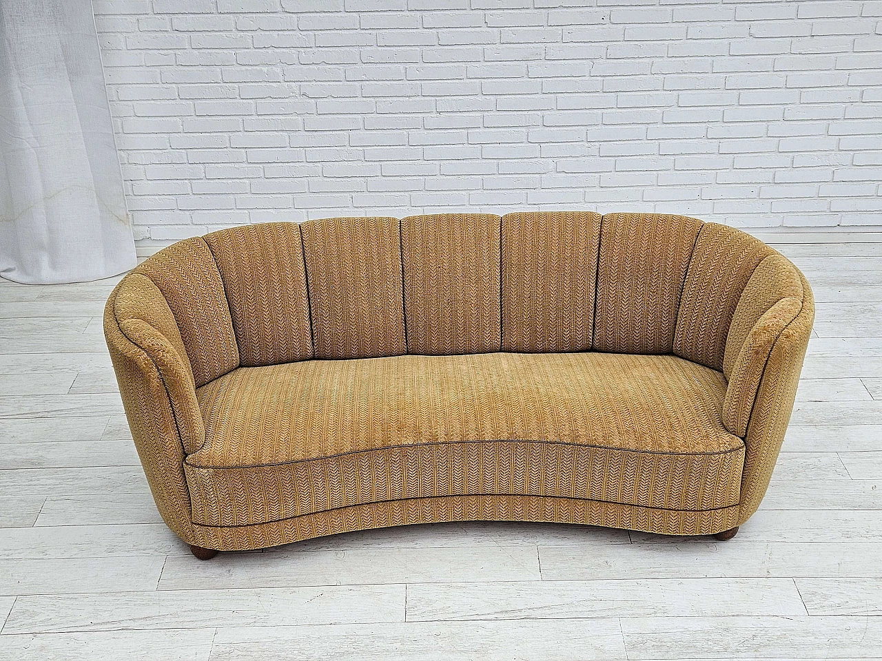 Danish Banana three-seater sofa in honey-coloured fabric, 1960s 2