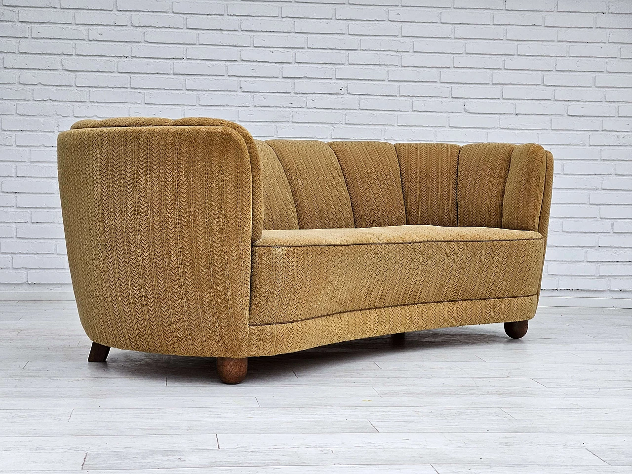 Danish Banana three-seater sofa in honey-coloured fabric, 1960s 7