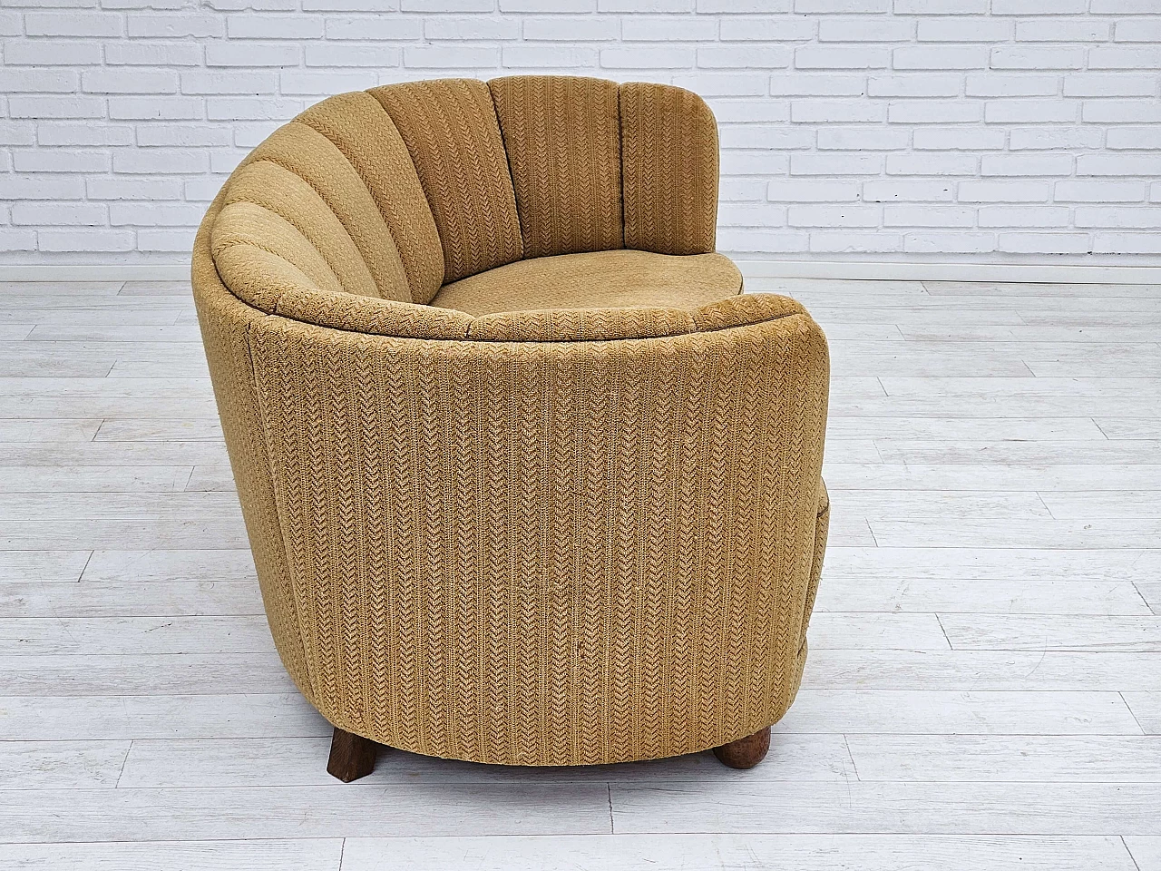 Danish Banana three-seater sofa in honey-coloured fabric, 1960s 11