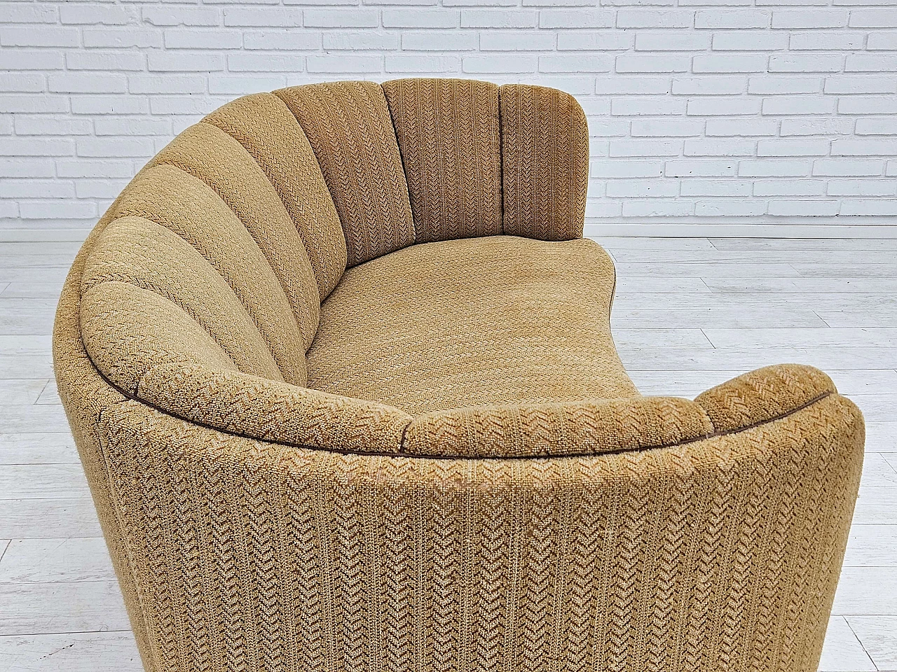 Danish Banana three-seater sofa in honey-coloured fabric, 1960s 13