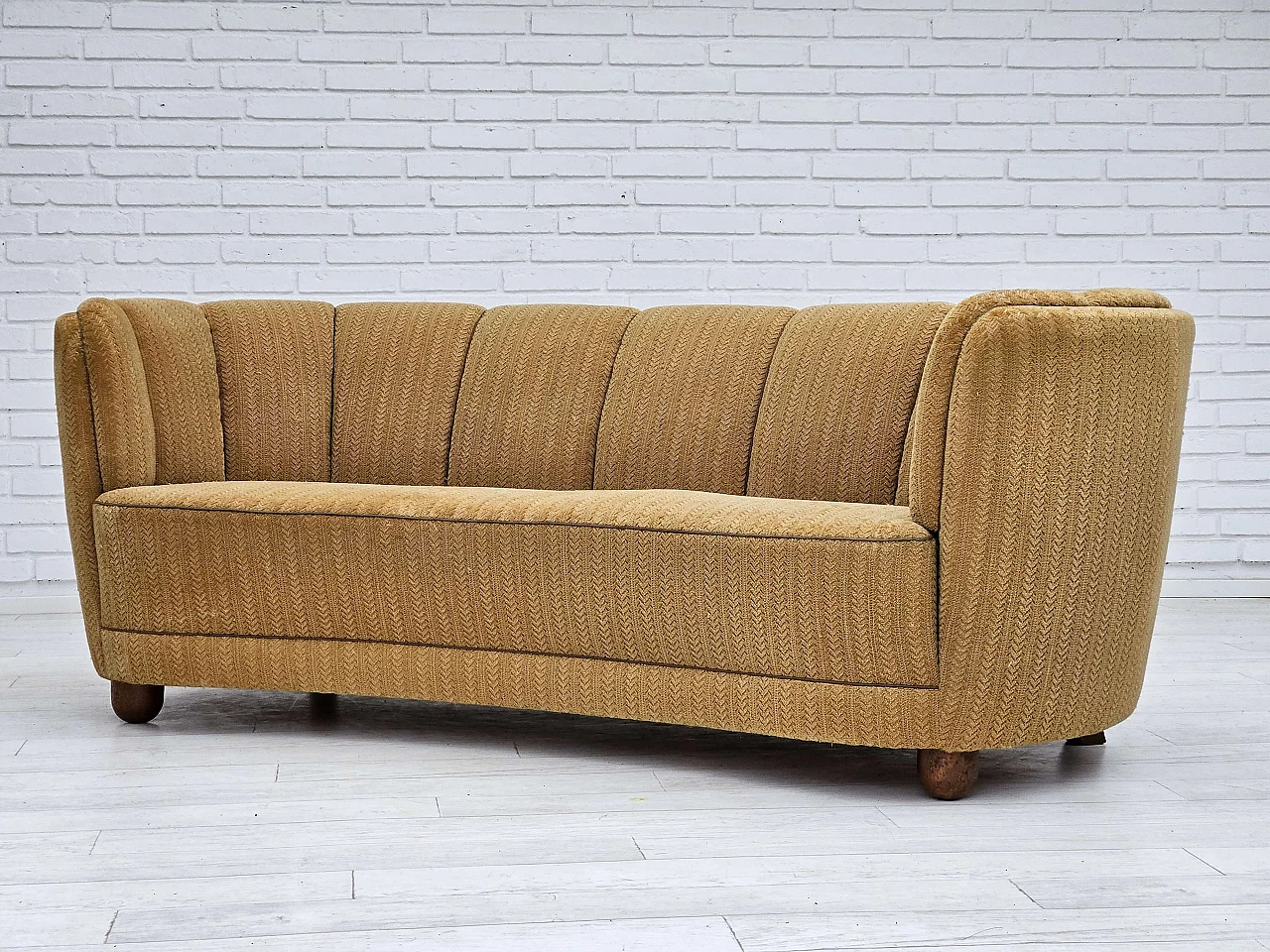 Danish Banana three-seater sofa in honey-coloured fabric, 1960s 17