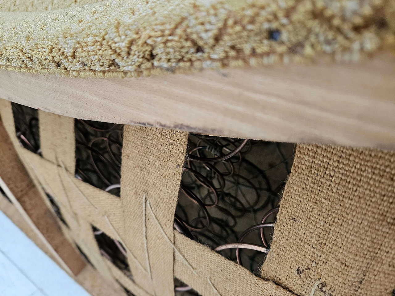 Danish Banana three-seater sofa in honey-coloured fabric, 1960s 19