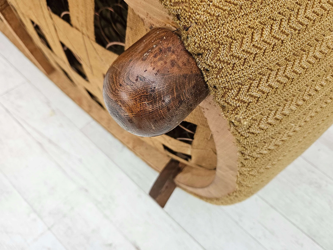 Danish Banana three-seater sofa in honey-coloured fabric, 1960s 20