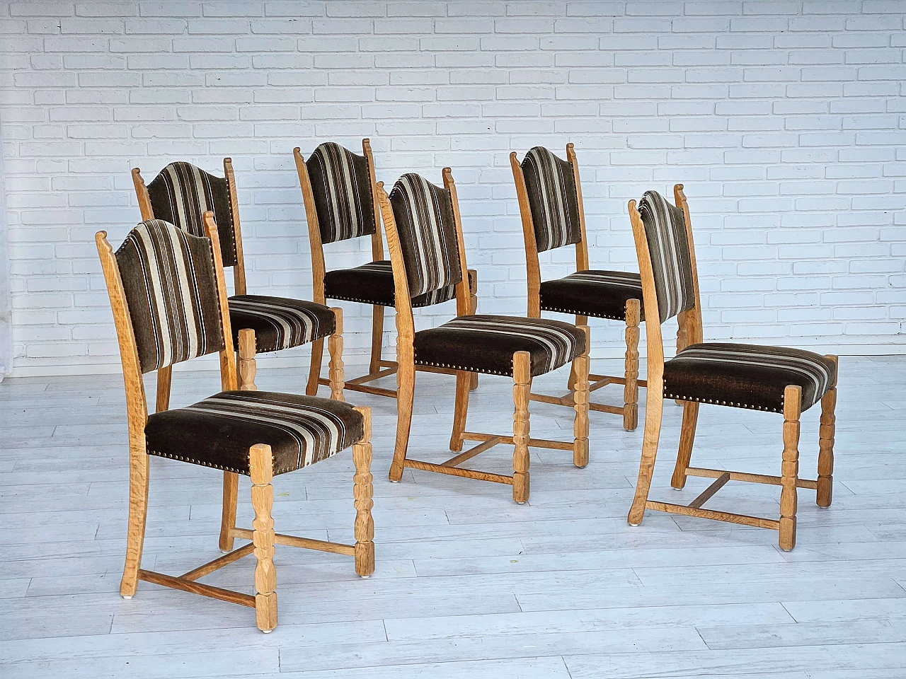 6 Danish oak and velour dining chairs, 1970s 1