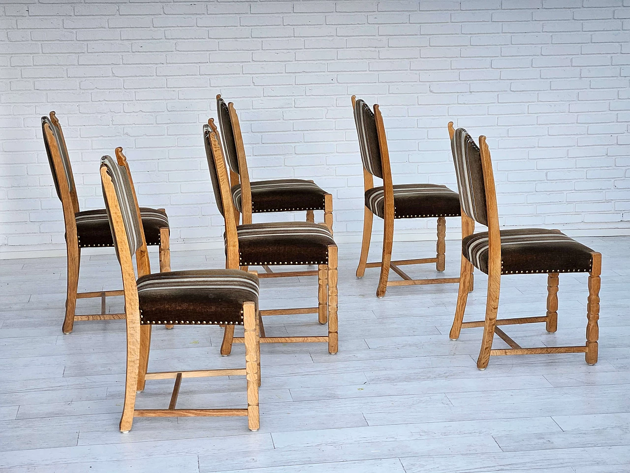 6 Danish oak and velour dining chairs, 1970s 2
