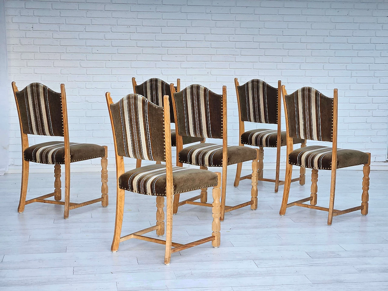 6 Danish oak and velour dining chairs, 1970s 3