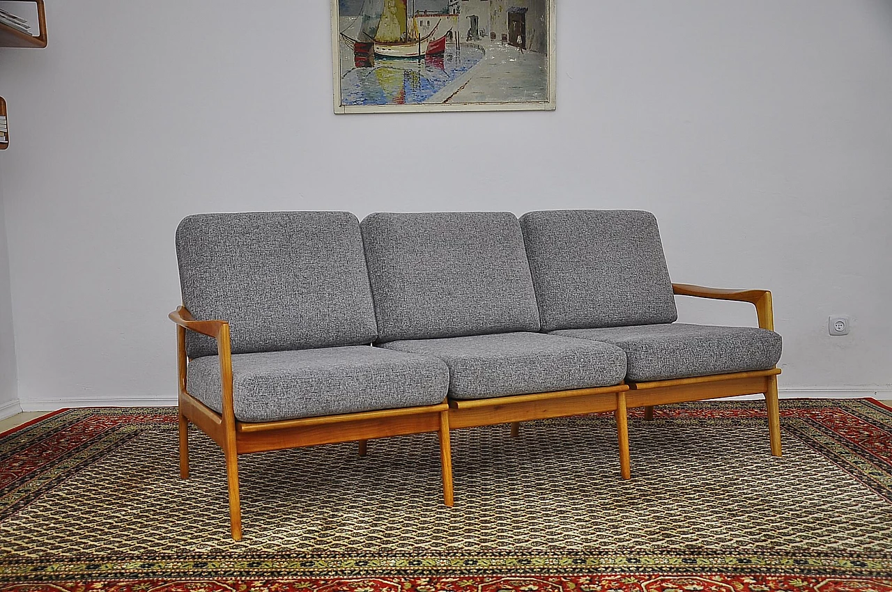 Cherry wood and gray chenille fabric sofa, 1960s 1