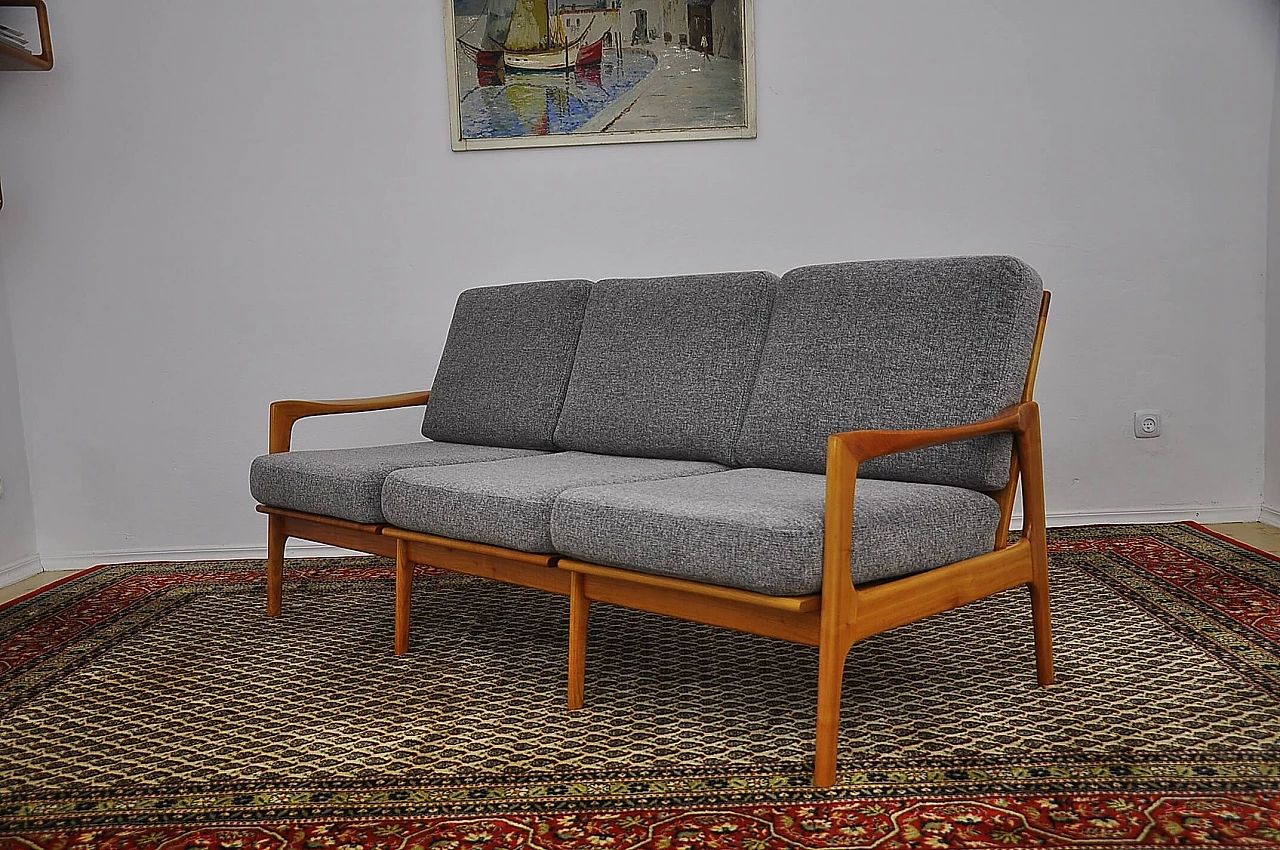 Cherry wood and gray chenille fabric sofa, 1960s 2