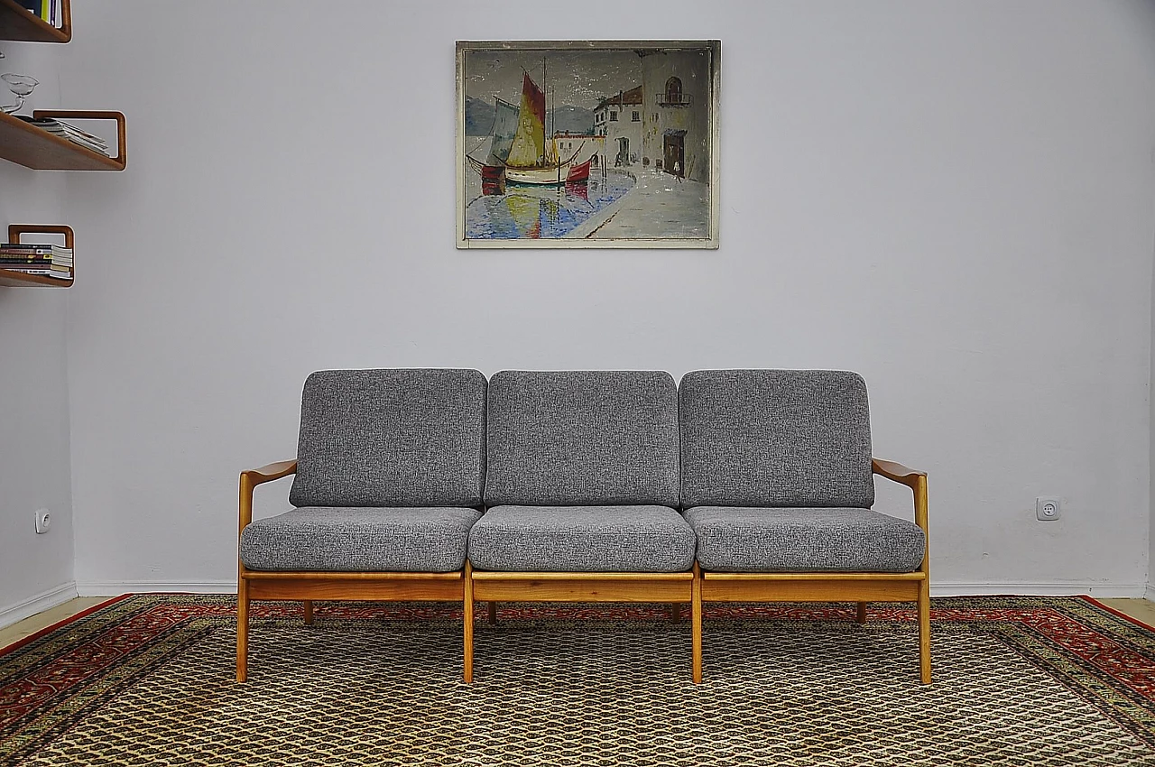 Cherry wood and gray chenille fabric sofa, 1960s 3