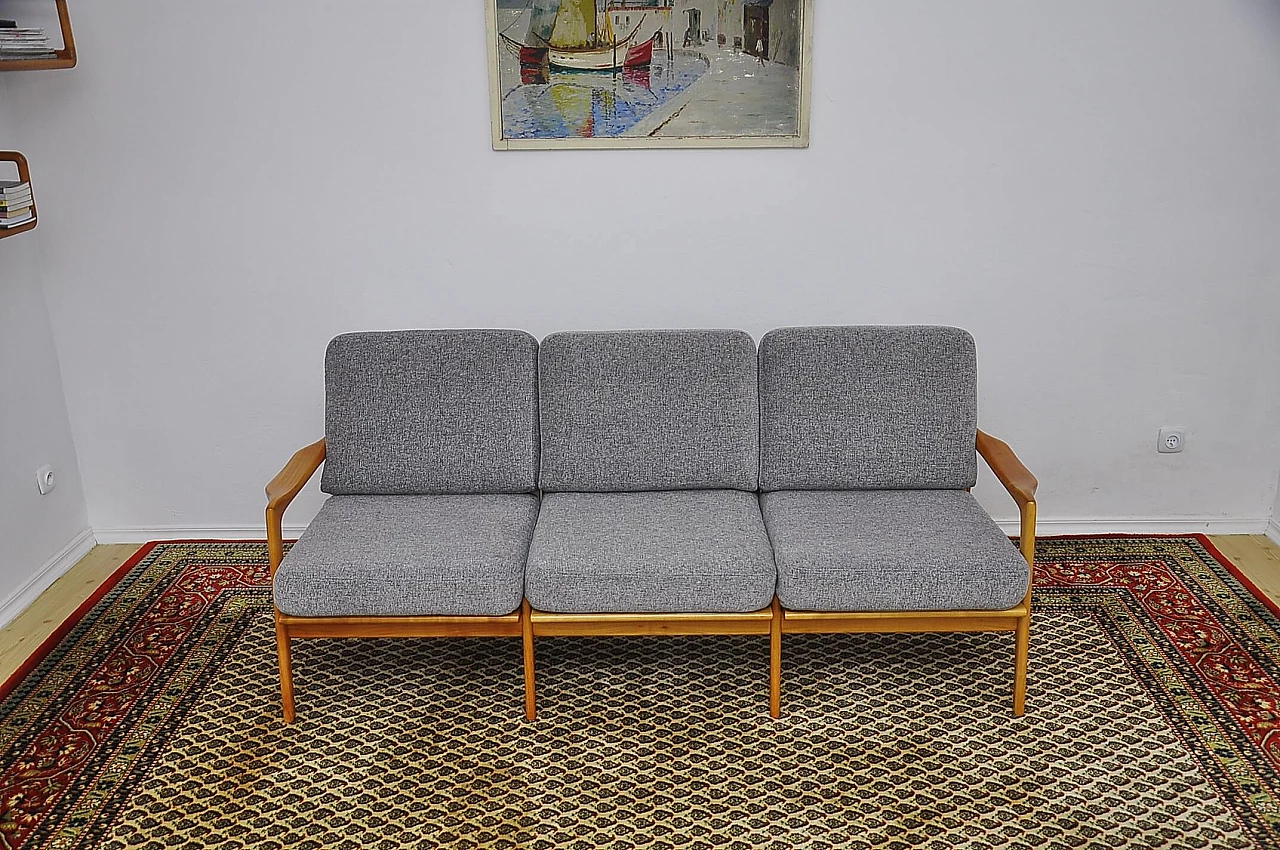 Cherry wood and gray chenille fabric sofa, 1960s 4