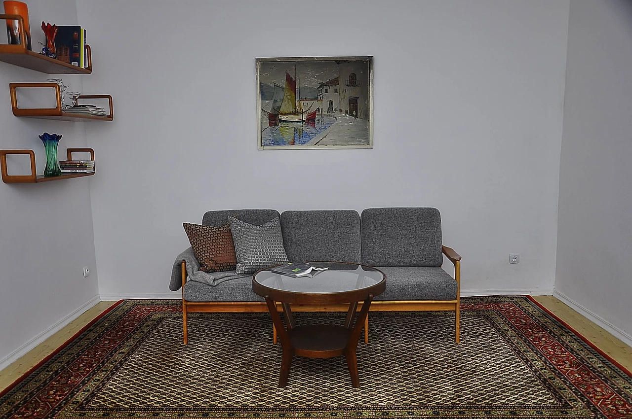Cherry wood and gray chenille fabric sofa, 1960s 9