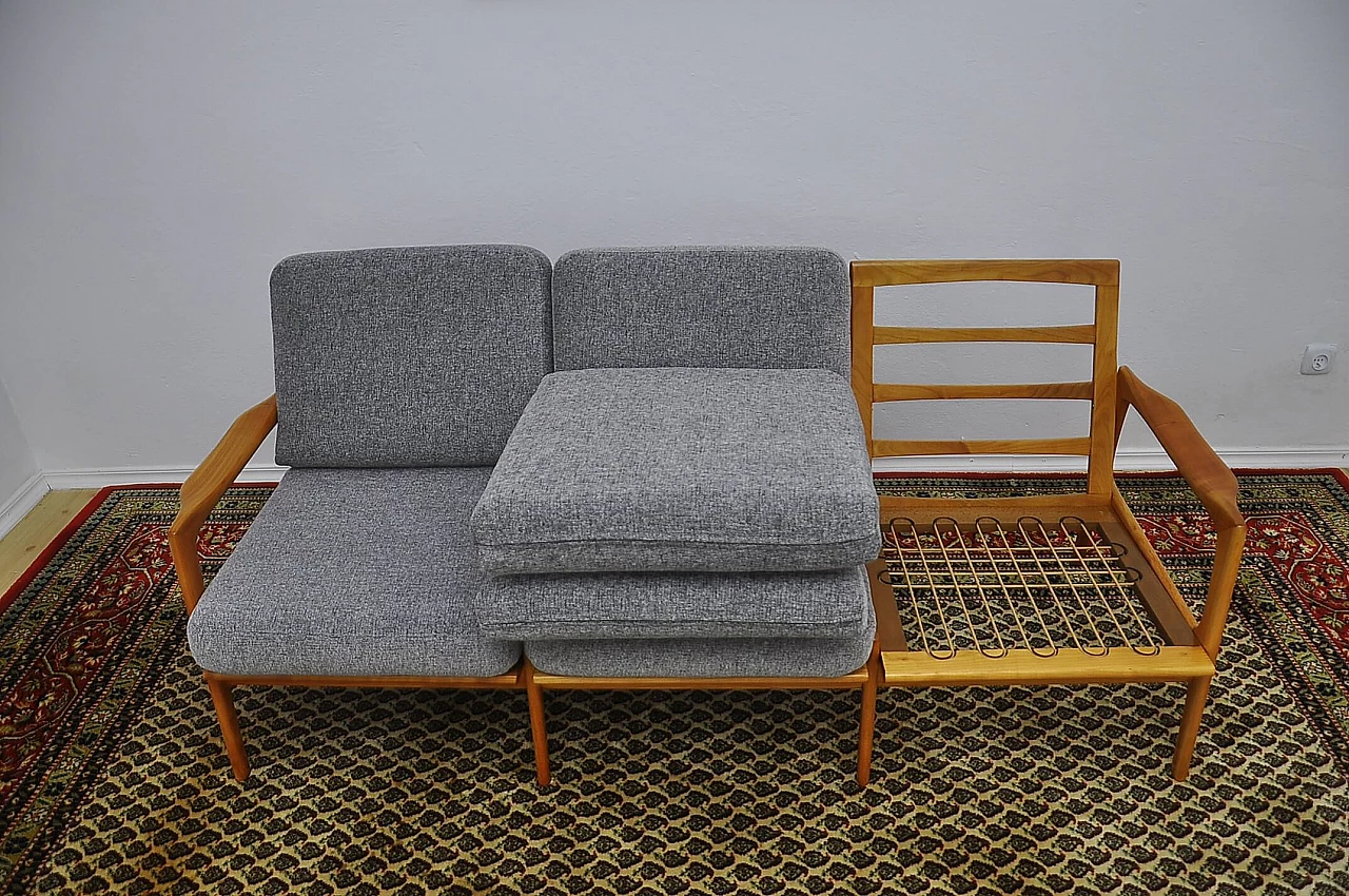 Cherry wood and gray chenille fabric sofa, 1960s 12