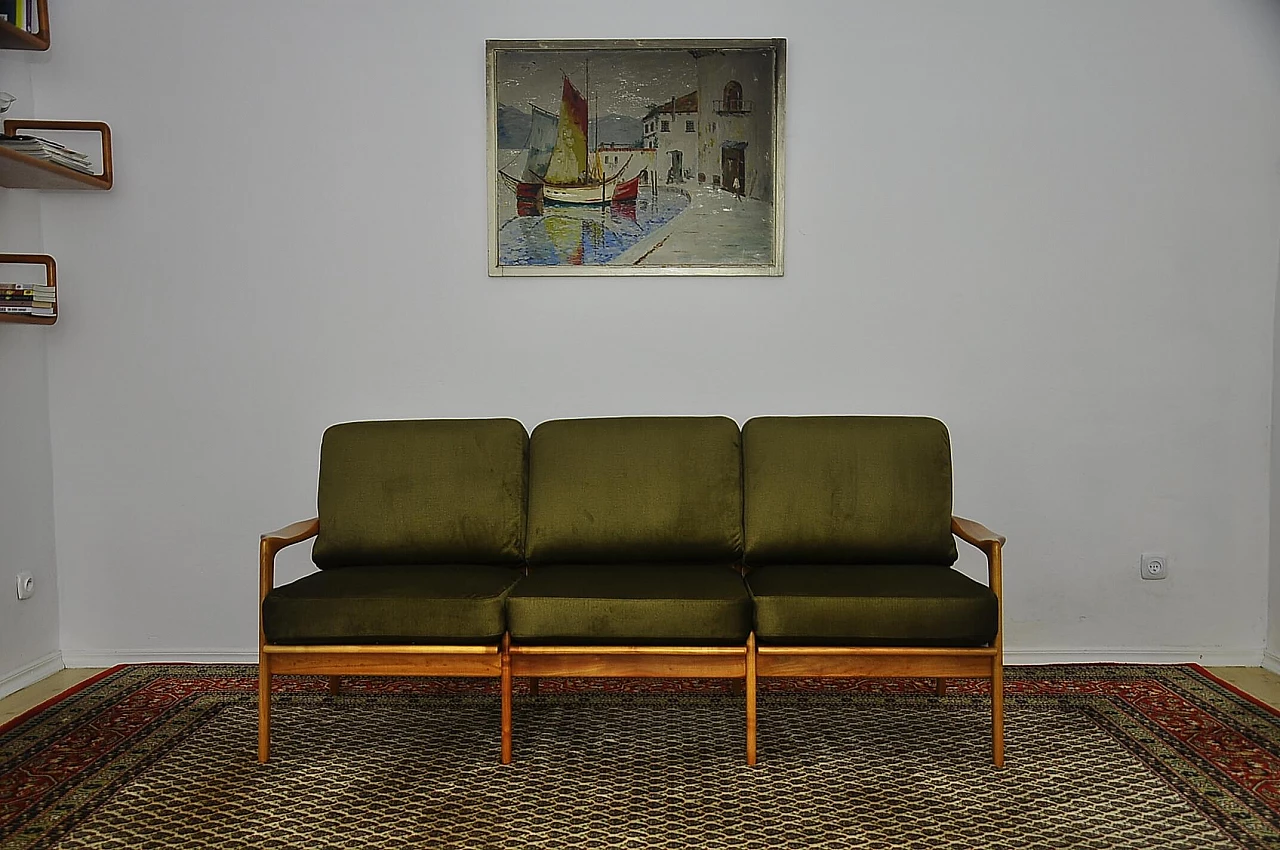 Solid cherry wood and khaki fabric sofa, 1960s 1