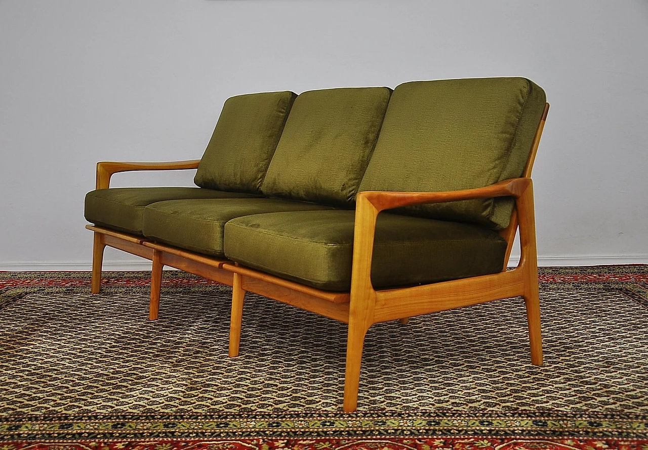 Solid cherry wood and khaki fabric sofa, 1960s 2