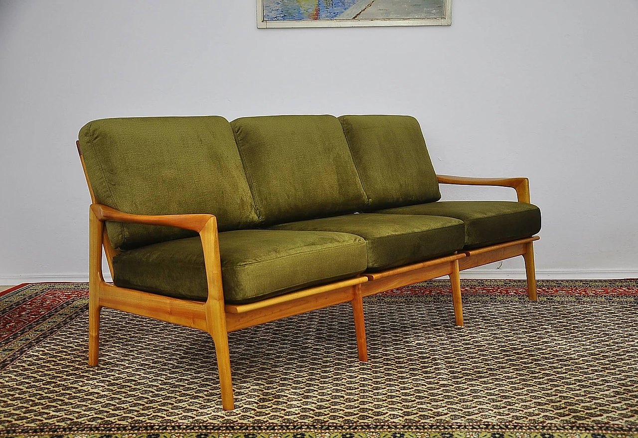 Solid cherry wood and khaki fabric sofa, 1960s 3