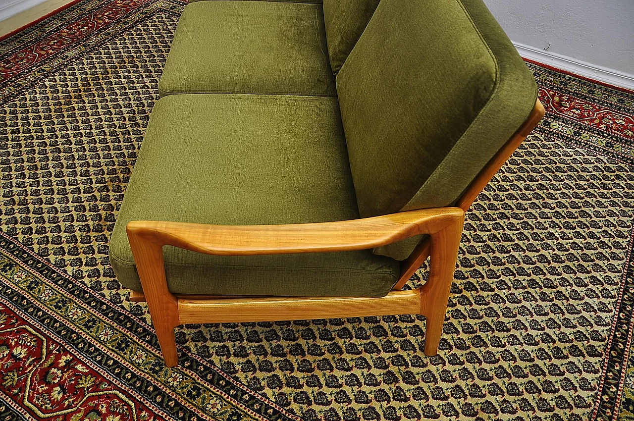 Solid cherry wood and khaki fabric sofa, 1960s 4