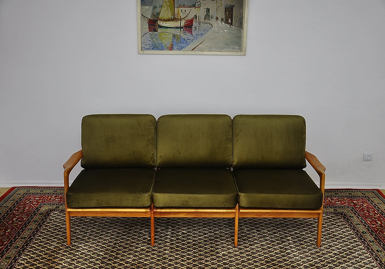Solid cherry wood and khaki fabric sofa, 1960s 7