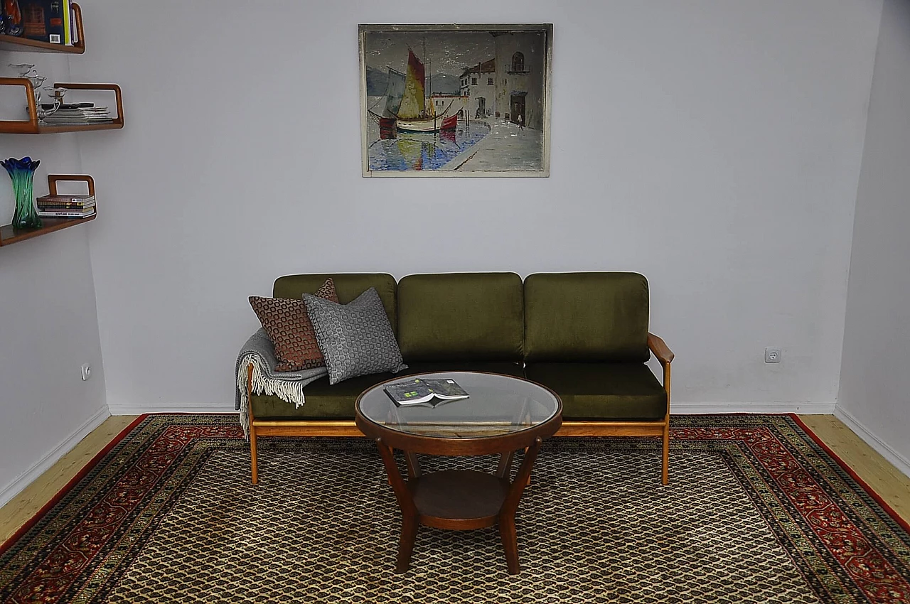 Solid cherry wood and khaki fabric sofa, 1960s 8