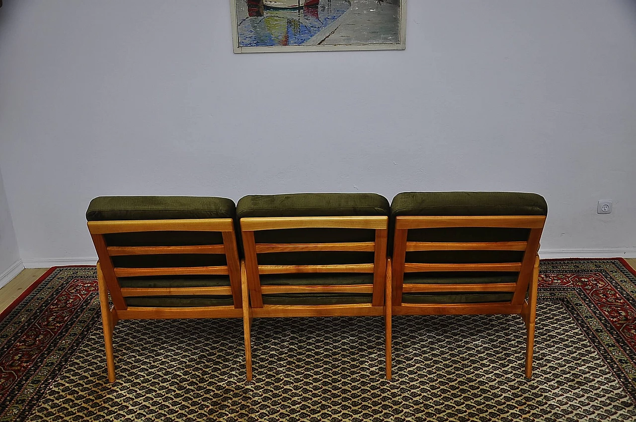 Solid cherry wood and khaki fabric sofa, 1960s 9
