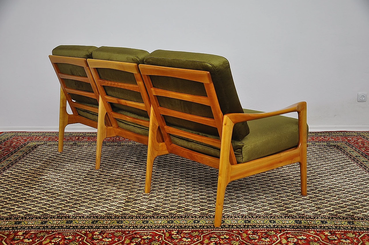 Solid cherry wood and khaki fabric sofa, 1960s 10