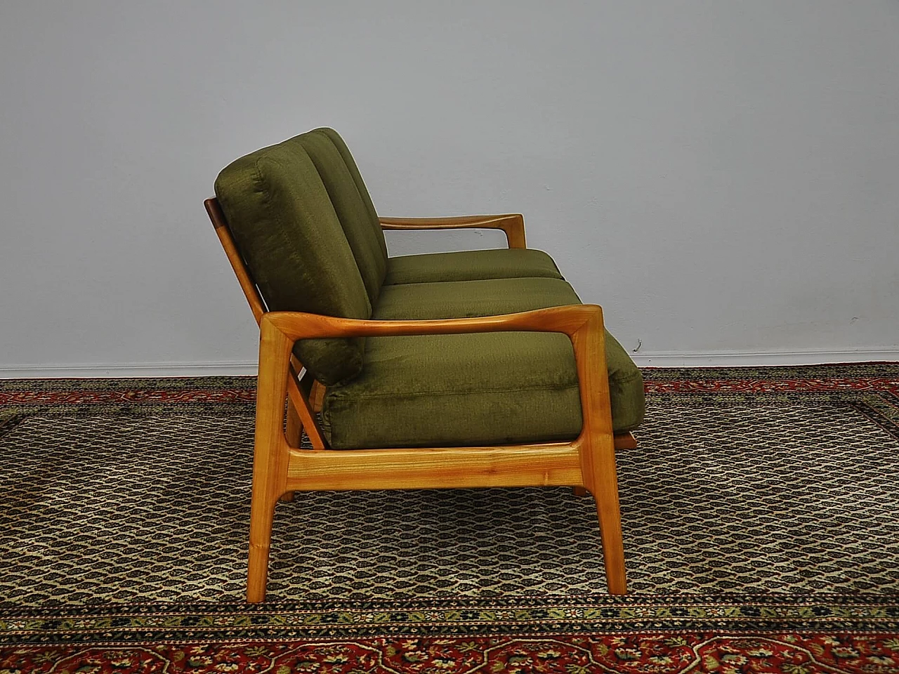 Solid cherry wood and khaki fabric sofa, 1960s 11