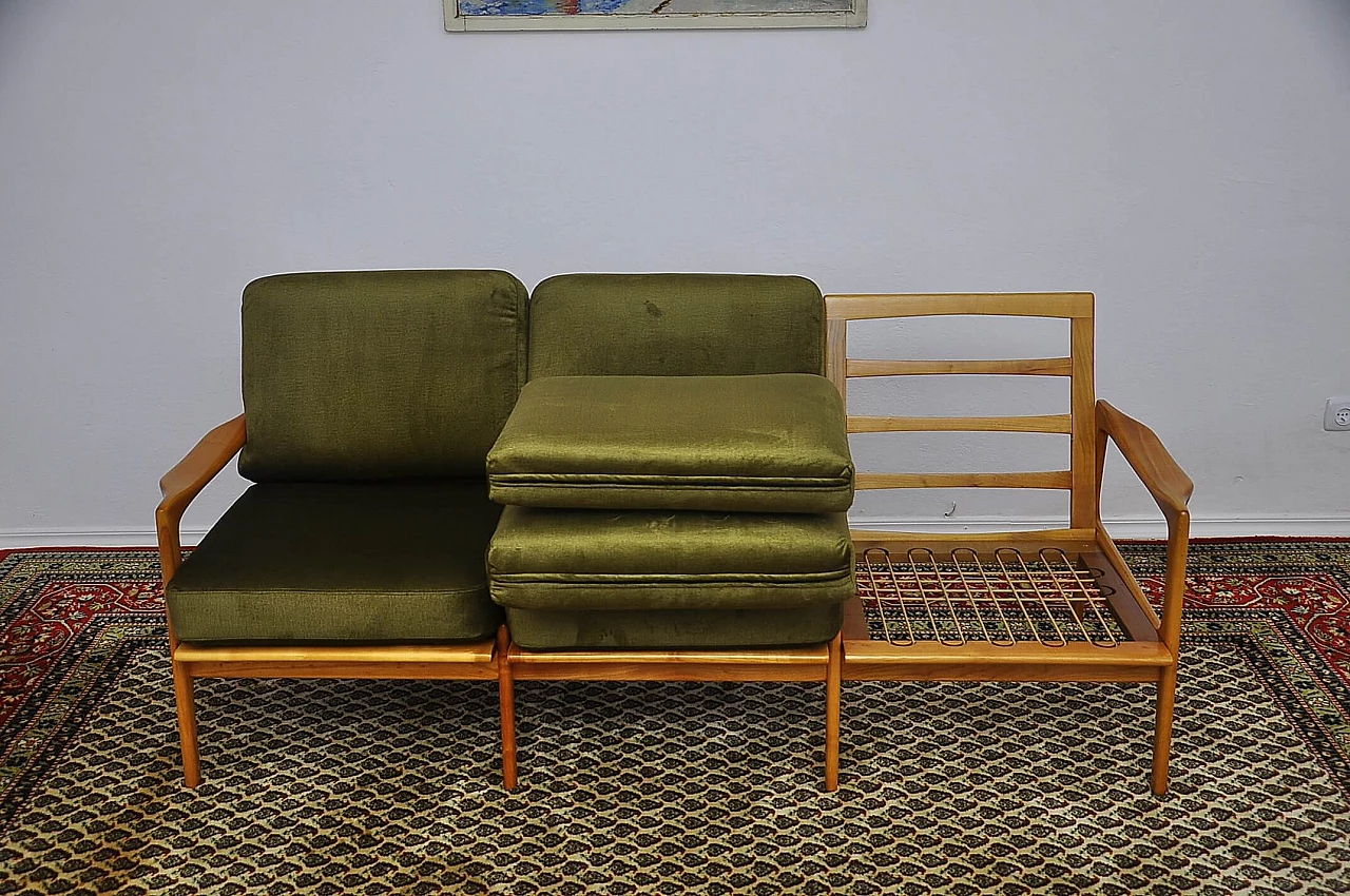 Solid cherry wood and khaki fabric sofa, 1960s 12