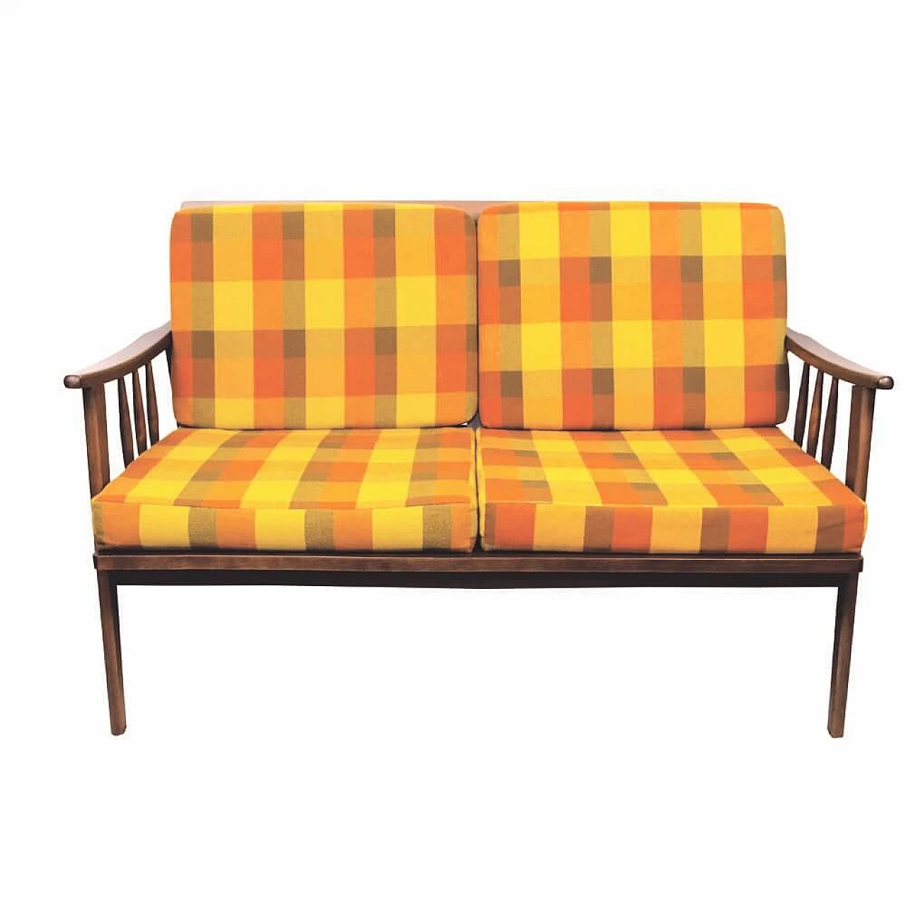 Two-seater wood and multicolored checkered fabric sofa, 1960s 1