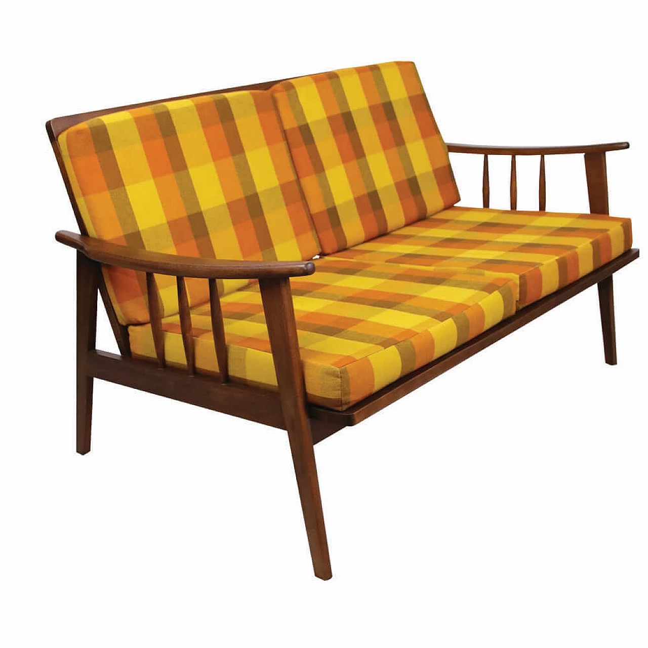 Two-seater wood and multicolored checkered fabric sofa, 1960s 2