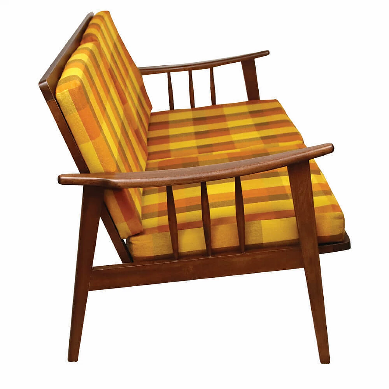 Two-seater wood and multicolored checkered fabric sofa, 1960s 3